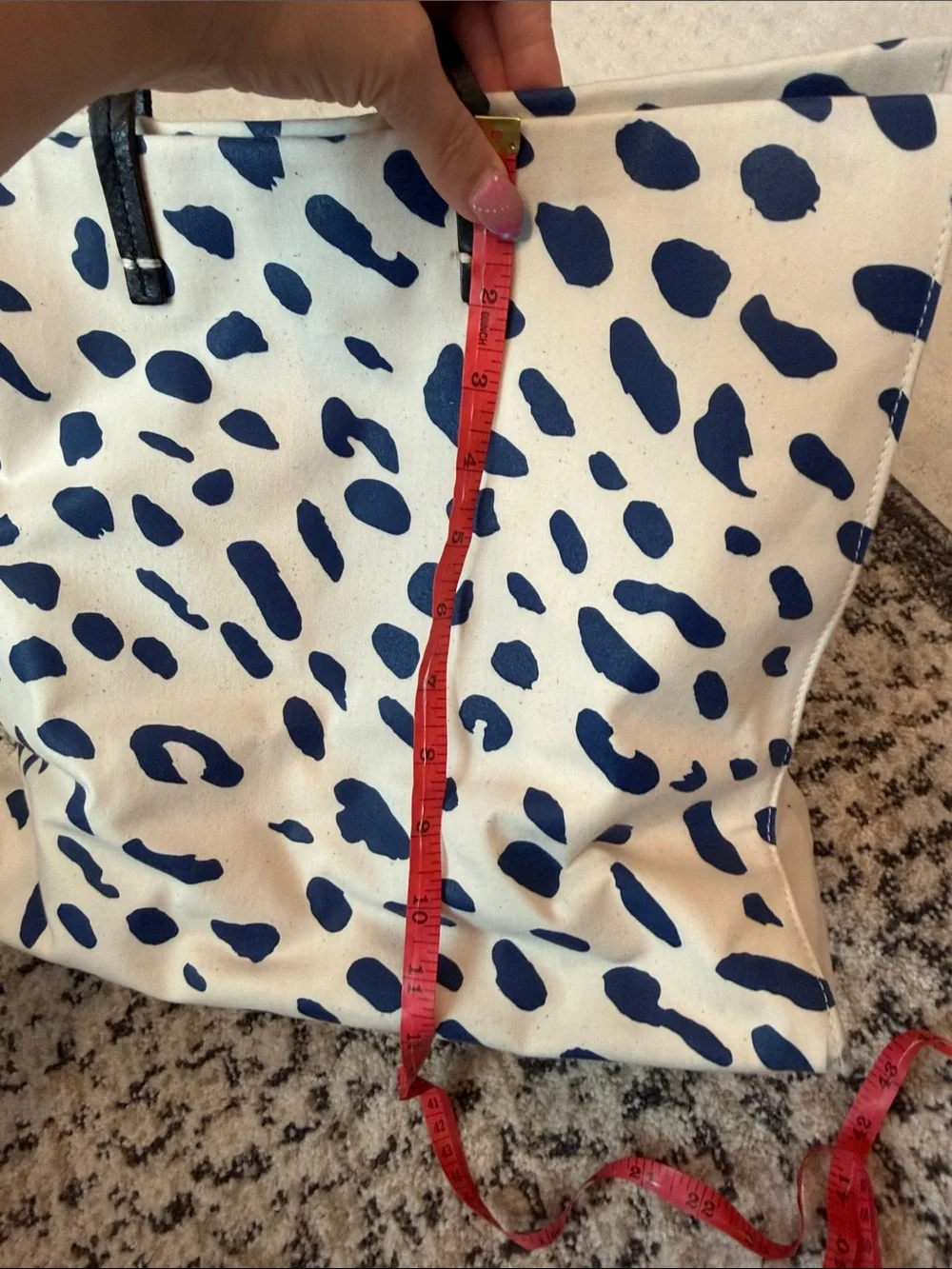 Clare V. Canvas Spot Tote with Navy Spots and Black Handles
